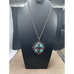 Statement Costume Pendant Necklace with Faux Turquoise and amethyst Stones Rodeo